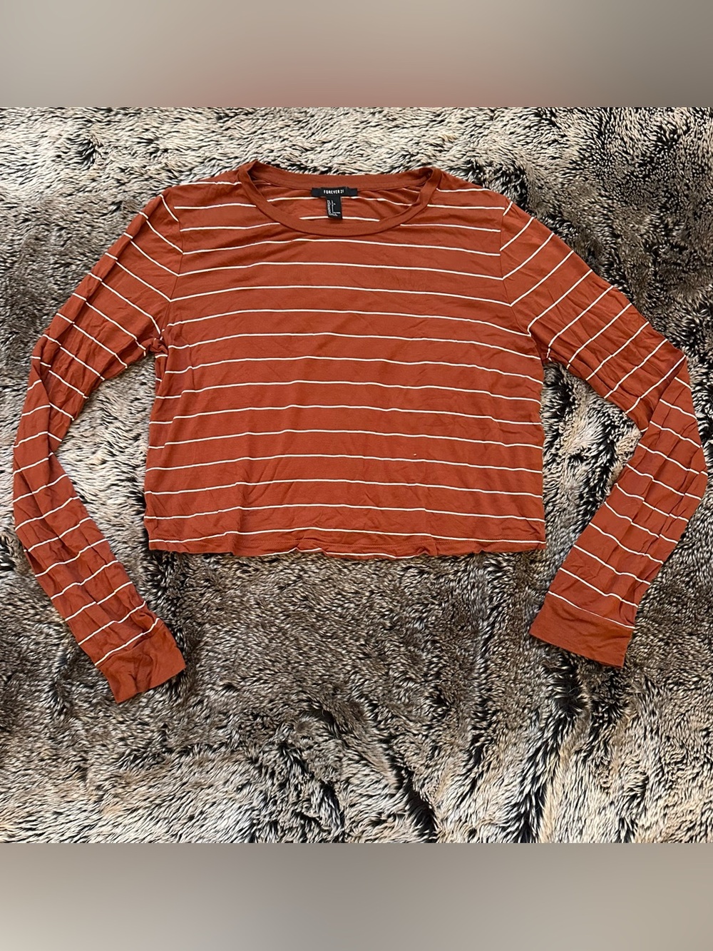 Forever 21 Rust and White Striped Long-Sleeve Lightweight Crop Top